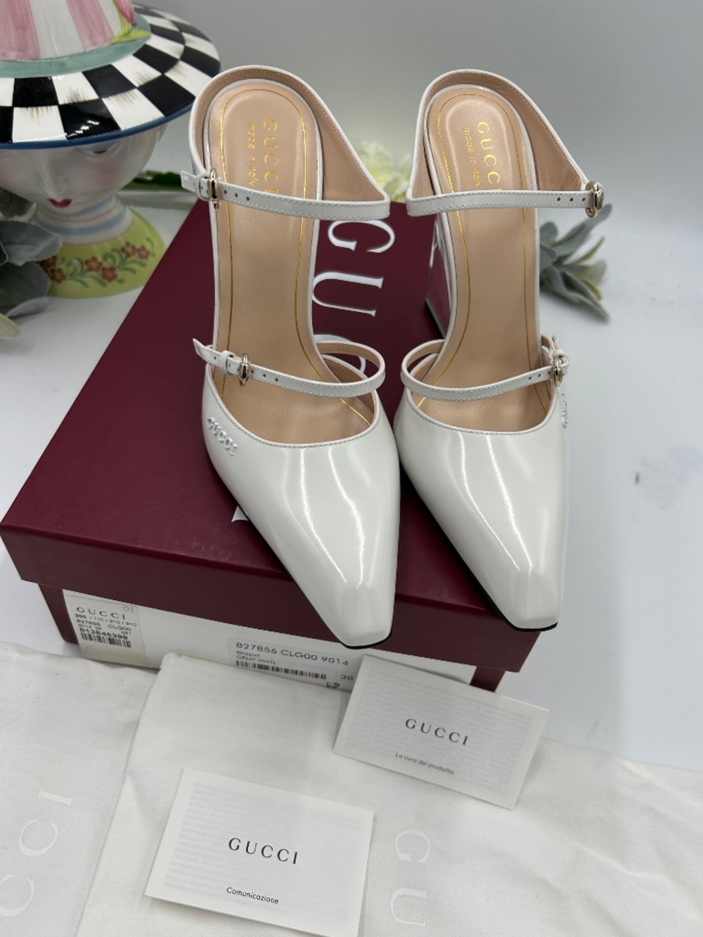 Women’s Gucci Christy Patent Leather Wedge Mules. Size 38. Made in Italy. - Picture 11 of 12